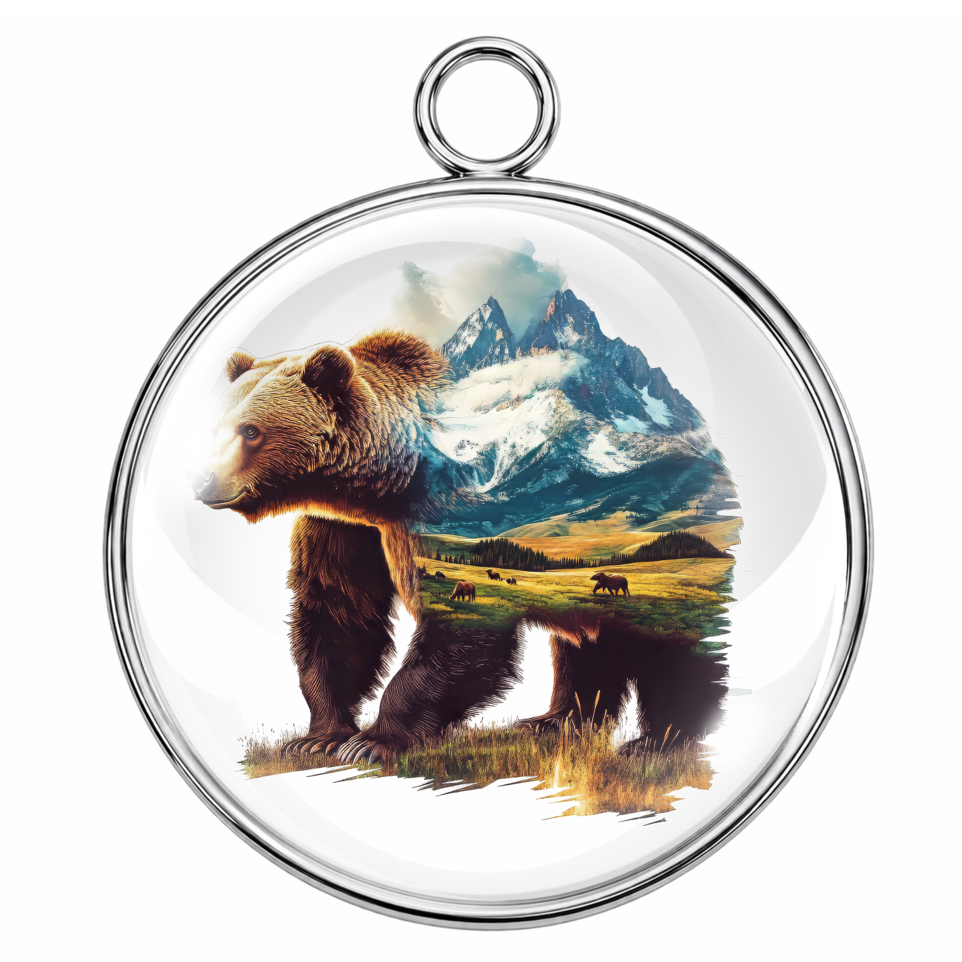 Round pendant with a bear and mountain landscape design on a white background