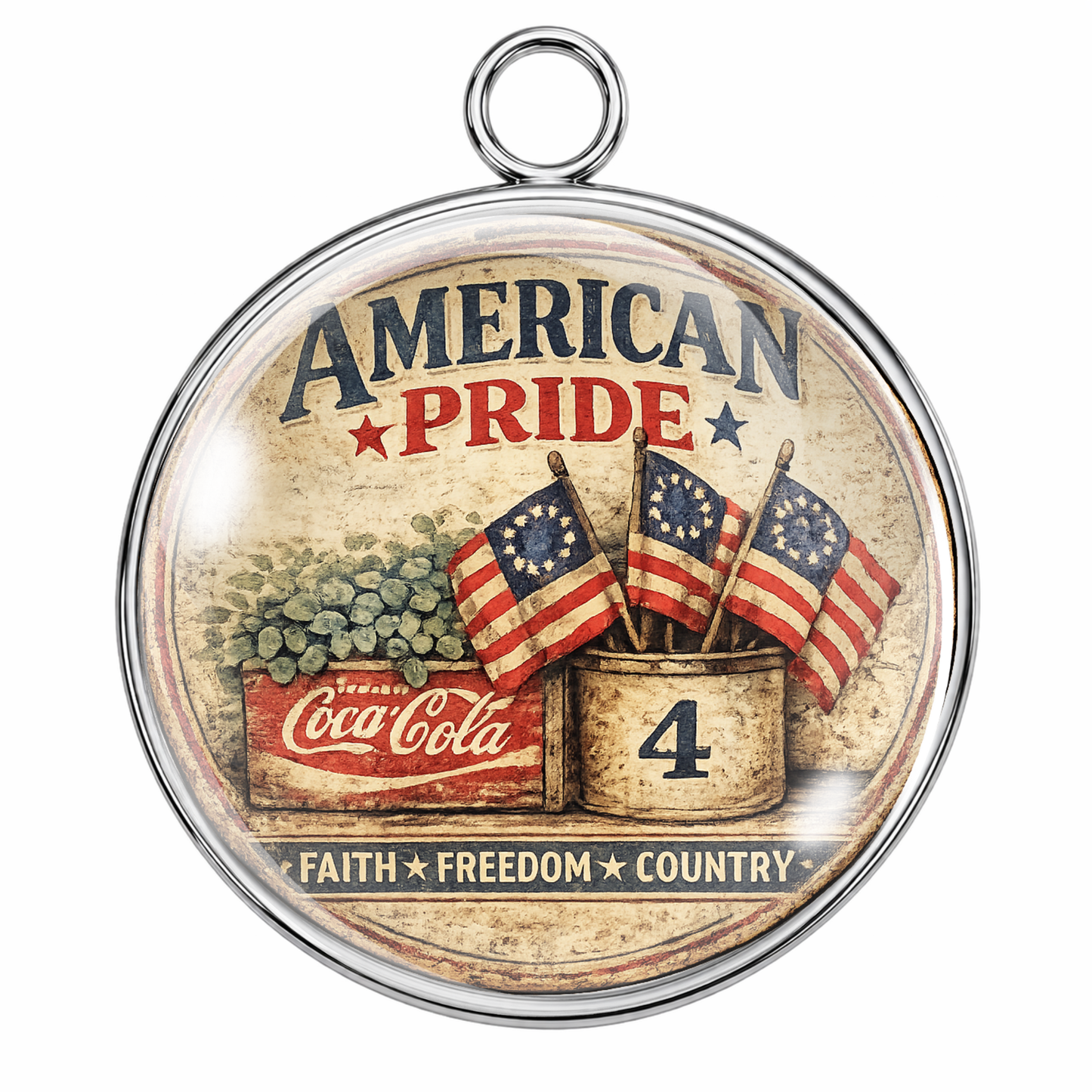 Round pendant with 'American Pride' text and patriotic design on a white background