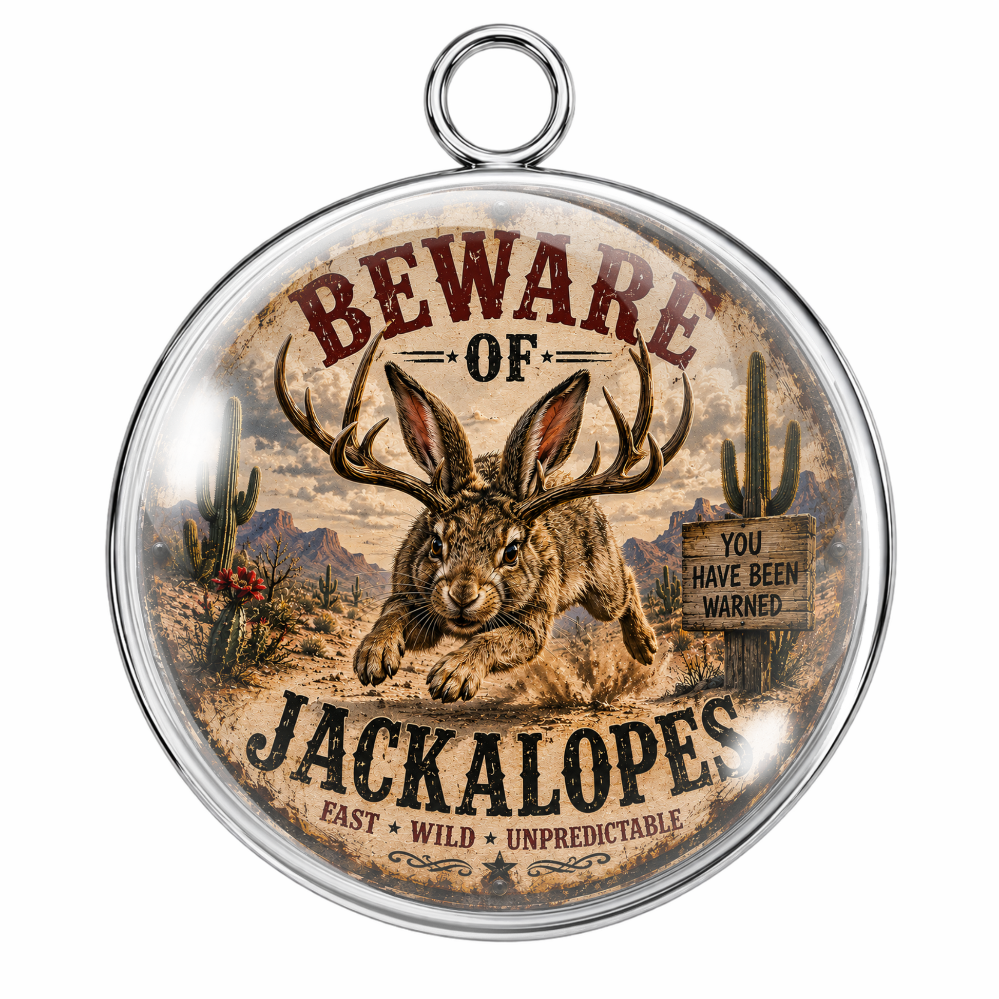 A round pendant with a western-themed jackalope rabbit design and the text 'BEWARE OF JACKALOPES' on a white background.
