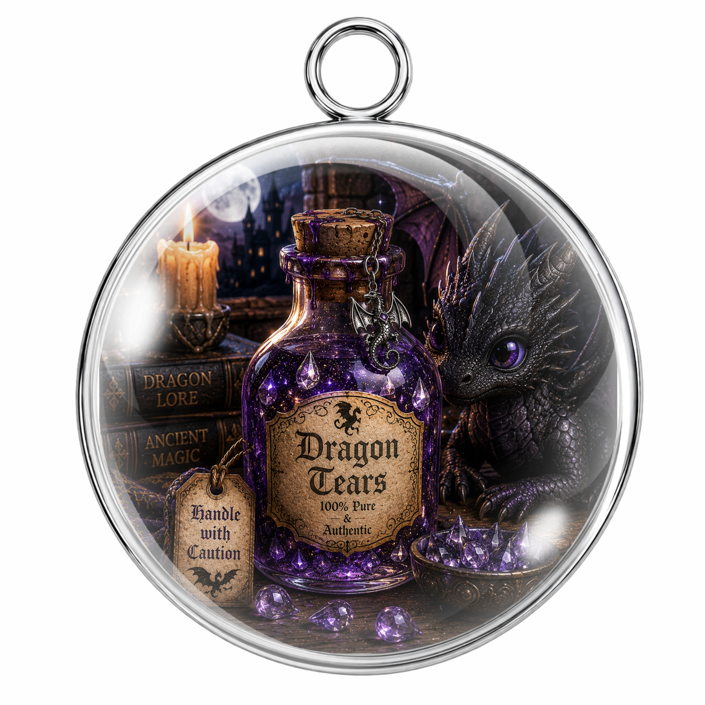 A round glass pendant or vial with a silver metal rim and hanging loop, containing a purple potion bottle labeled 'Dragon Tears' surrounded by fantasy artwork including a dragon, candles, and old books.