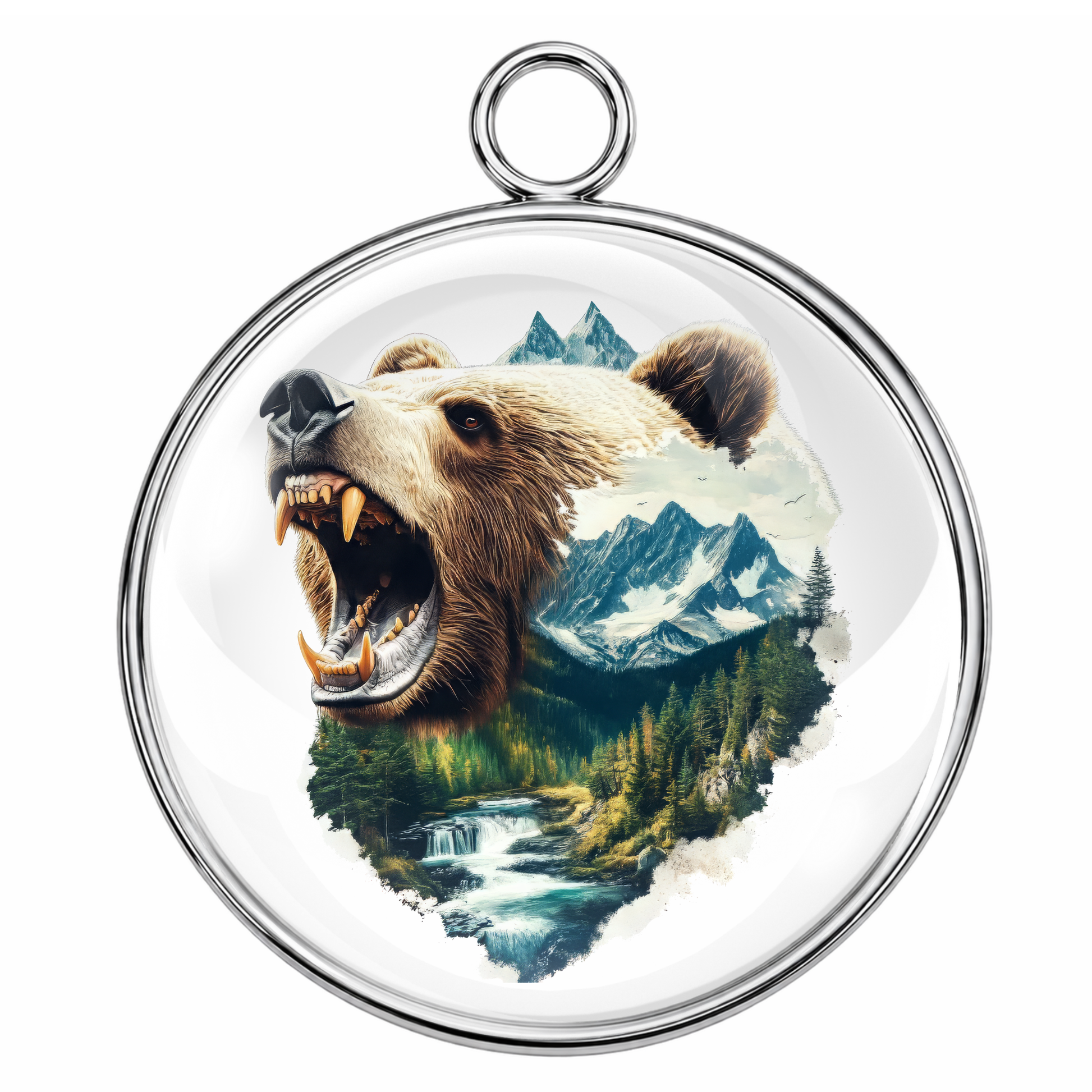 Round pendant with a bear and mountain design on a white background