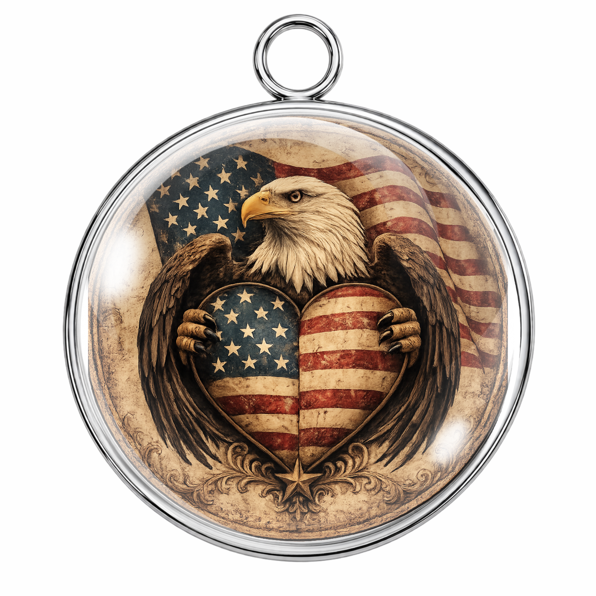 Pendant with an eagle holding an American flag heart design on a white background