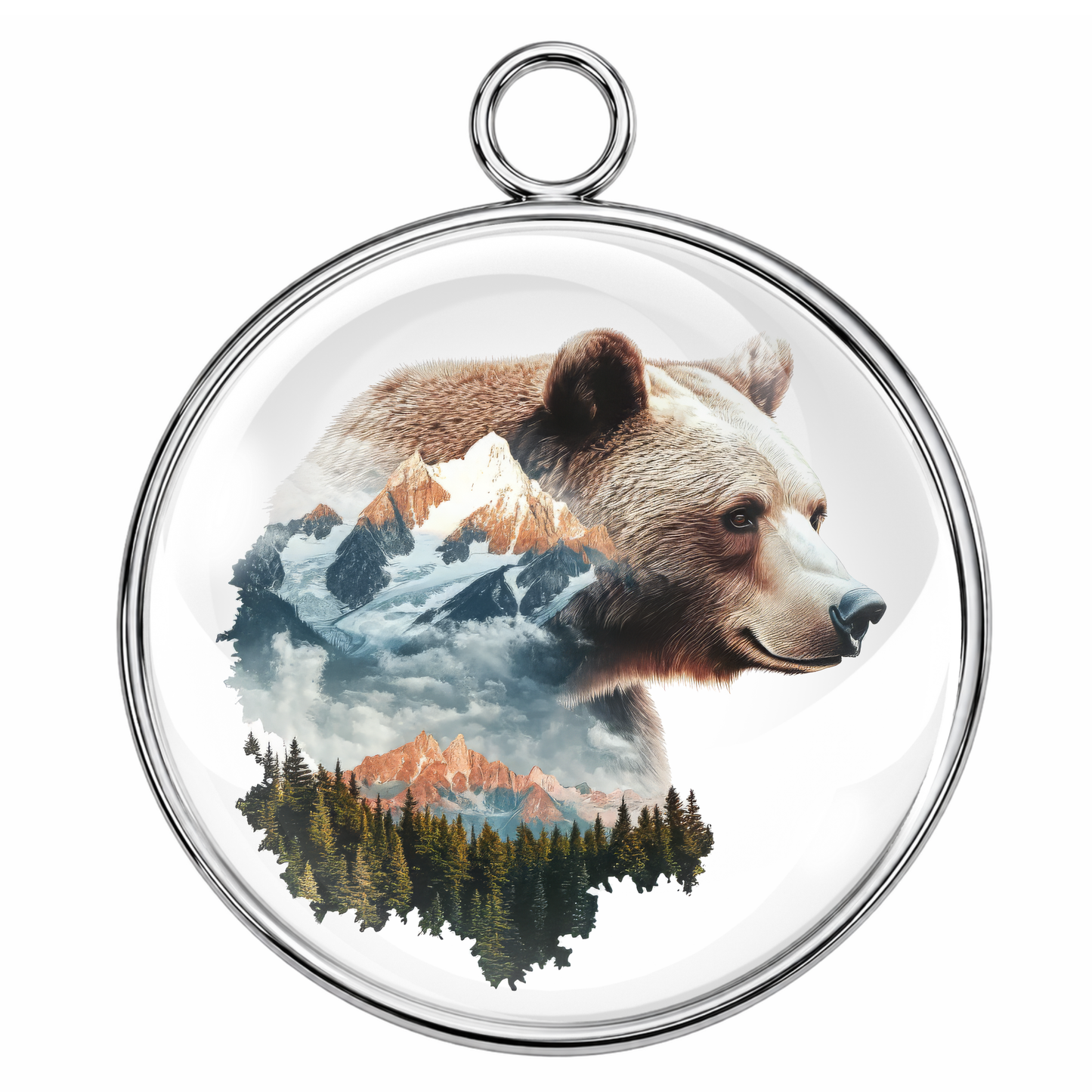 Round pendant with a bear and mountain design on a white background