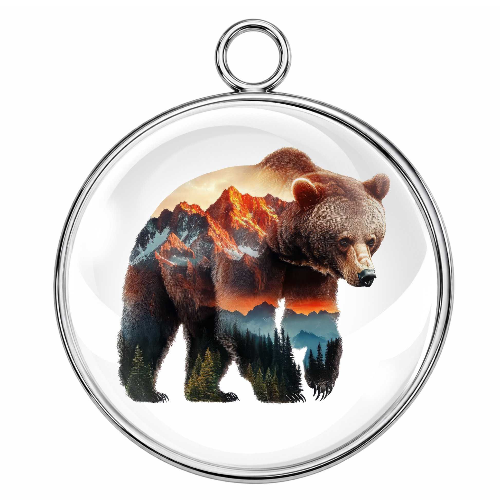 Circular pendant with a bear design featuring mountains and trees on a white background