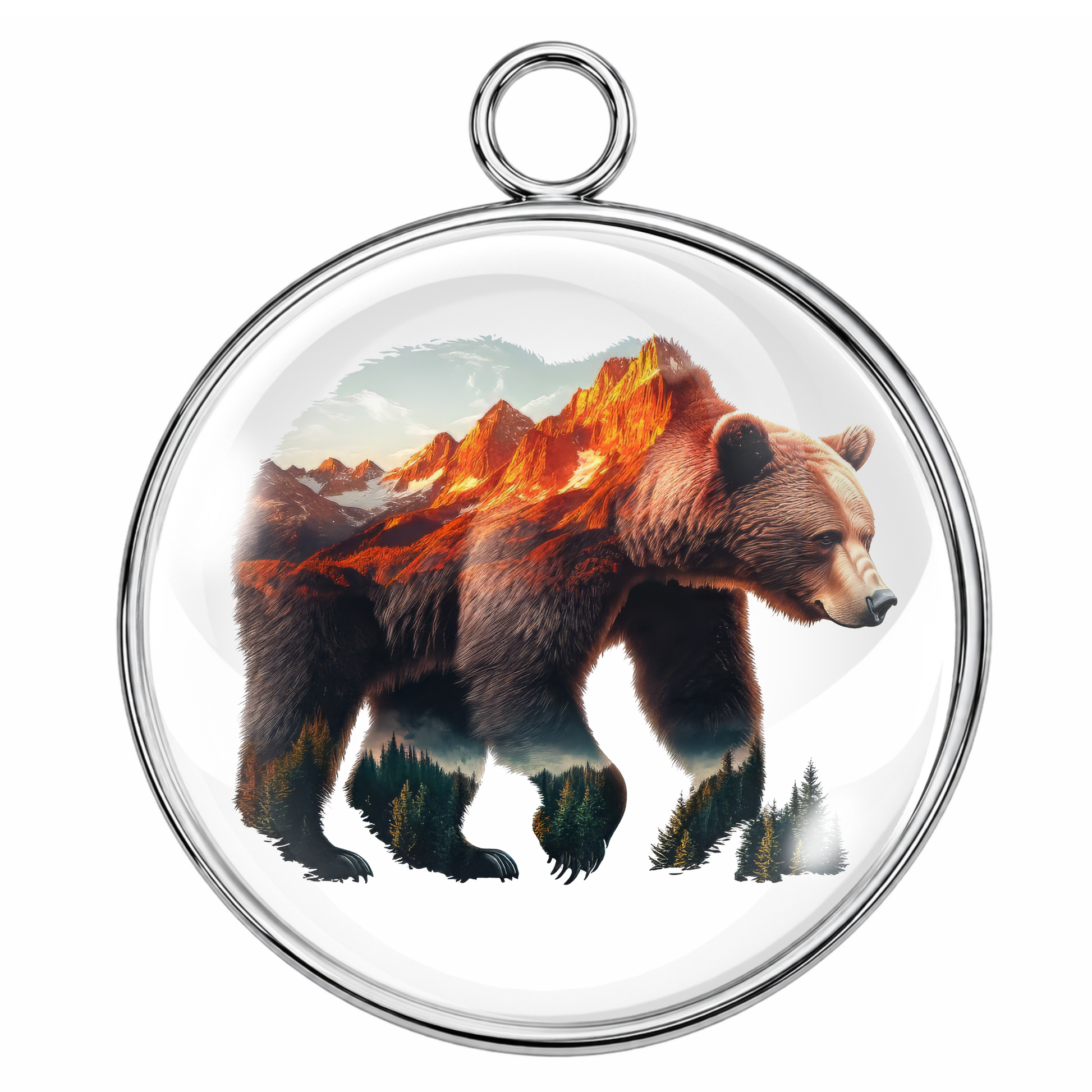 Round pendant with a bear and mountain design on a white background