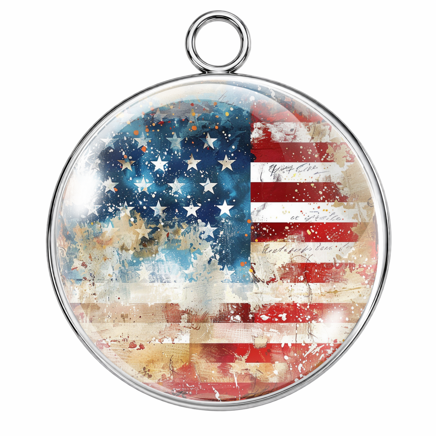 Round pendant with American flag design on a white background