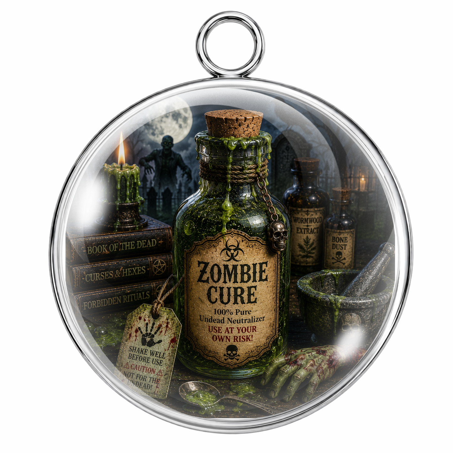 A round glass ornament or pendant featuring a gothic-themed miniature scene with a central bottle labeled 'Zombie Cure,' surrounded by candles, old books, a skull, and a green gloved hand inside a clear circular frame with a metal hanging loop.