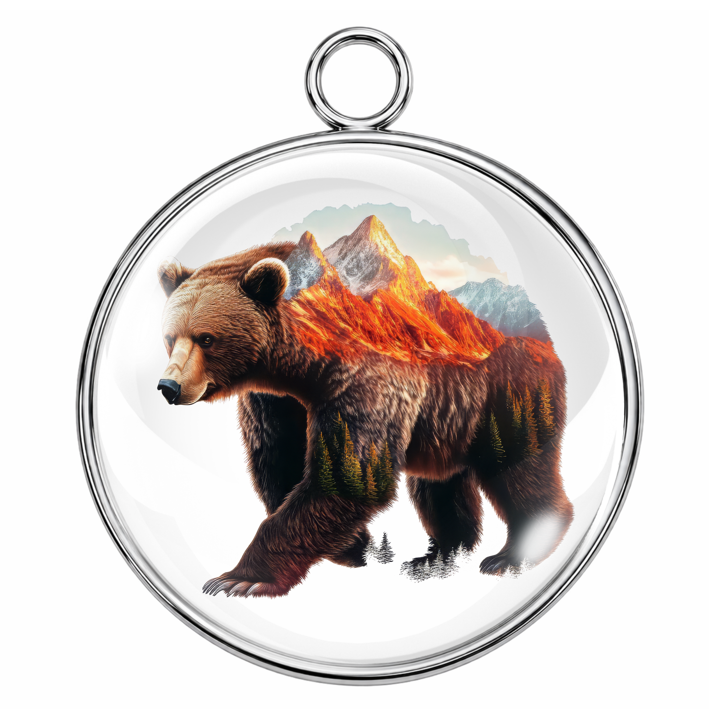 Round pendant with a bear and mountain design on a white background