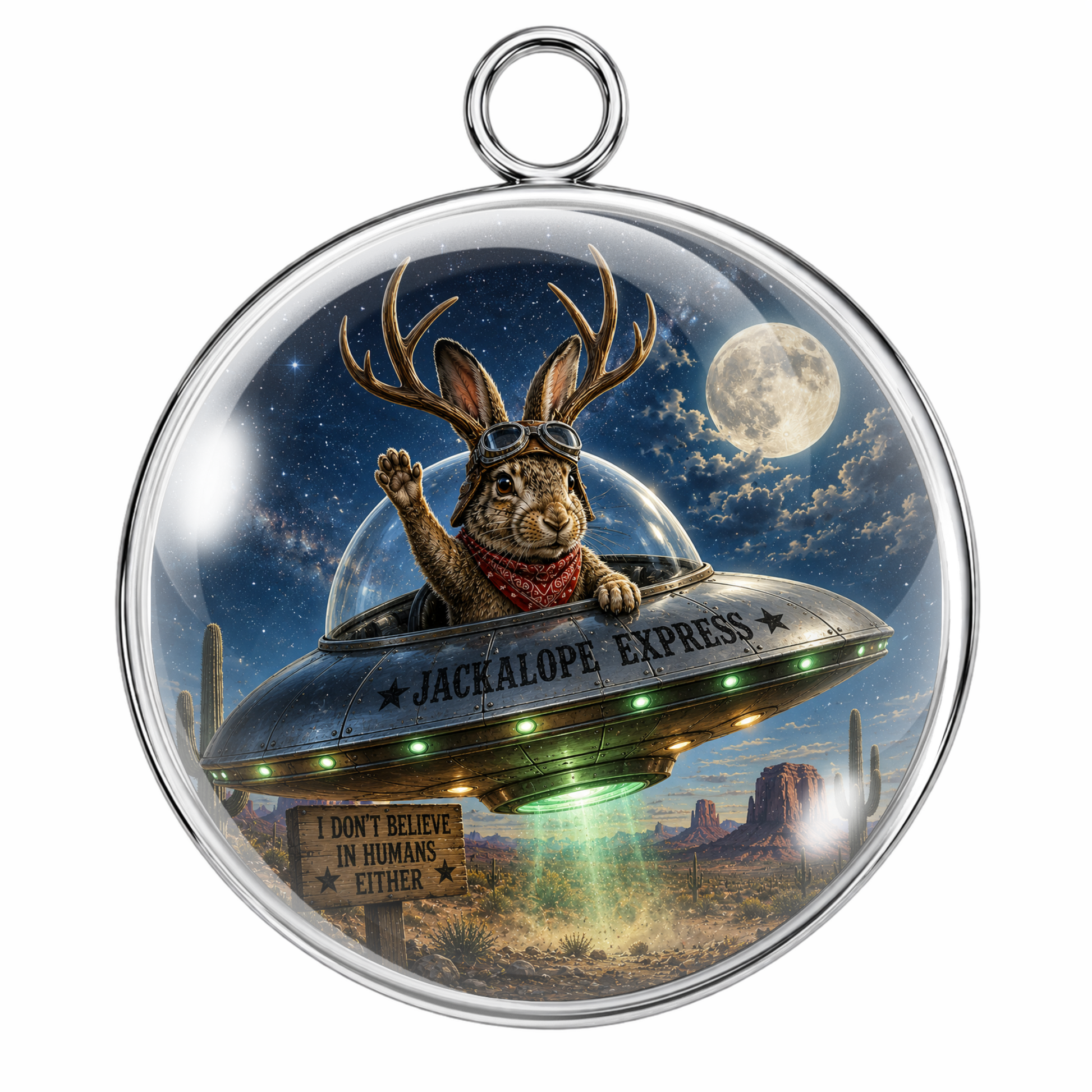 Round silver pendant with a detailed illustration of a rabbit wearing deer antlers and goggles, flying in a spaceship labeled 'JACKALOPE EXPRESS' over a desert landscape under a full moon.
