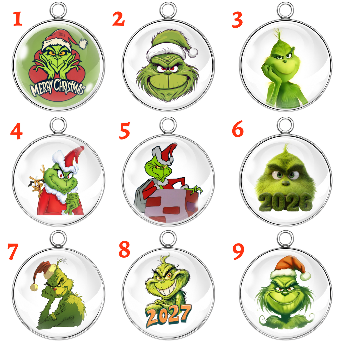 Set of 9 Mr. Grinch Christmas glass cabochon charms in stainless steel bases, each featuring different festive Grinch designs with Santa hats, holiday outfits, and yearly themes 2026 and 2027. Perfect for Christmas jewelry making, DIY crafts, keychains, and stocking stuffer gifts.