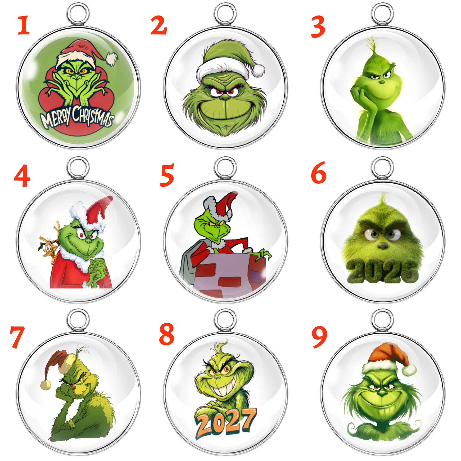 Set of 9 Mr. Grinch Christmas glass cabochon charms in stainless steel bases, each featuring different festive Grinch designs with Santa hats, holiday outfits, and yearly themes 2026 and 2027. Perfect for Christmas jewelry making, DIY crafts, keychains, and stocking stuffer gifts.
