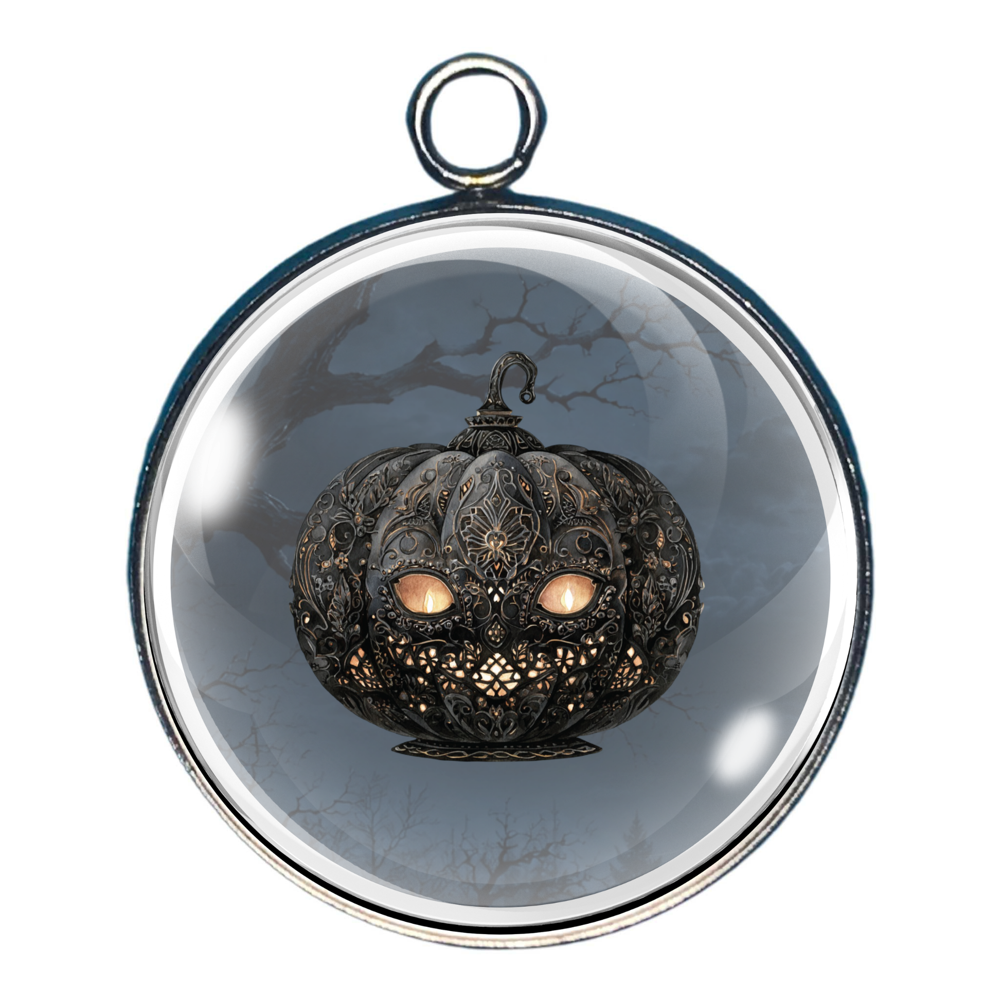 Spooky Halloween glass cabochon charm featuring a smiling jack-o'-lantern beneath a moonlit haunted forest.