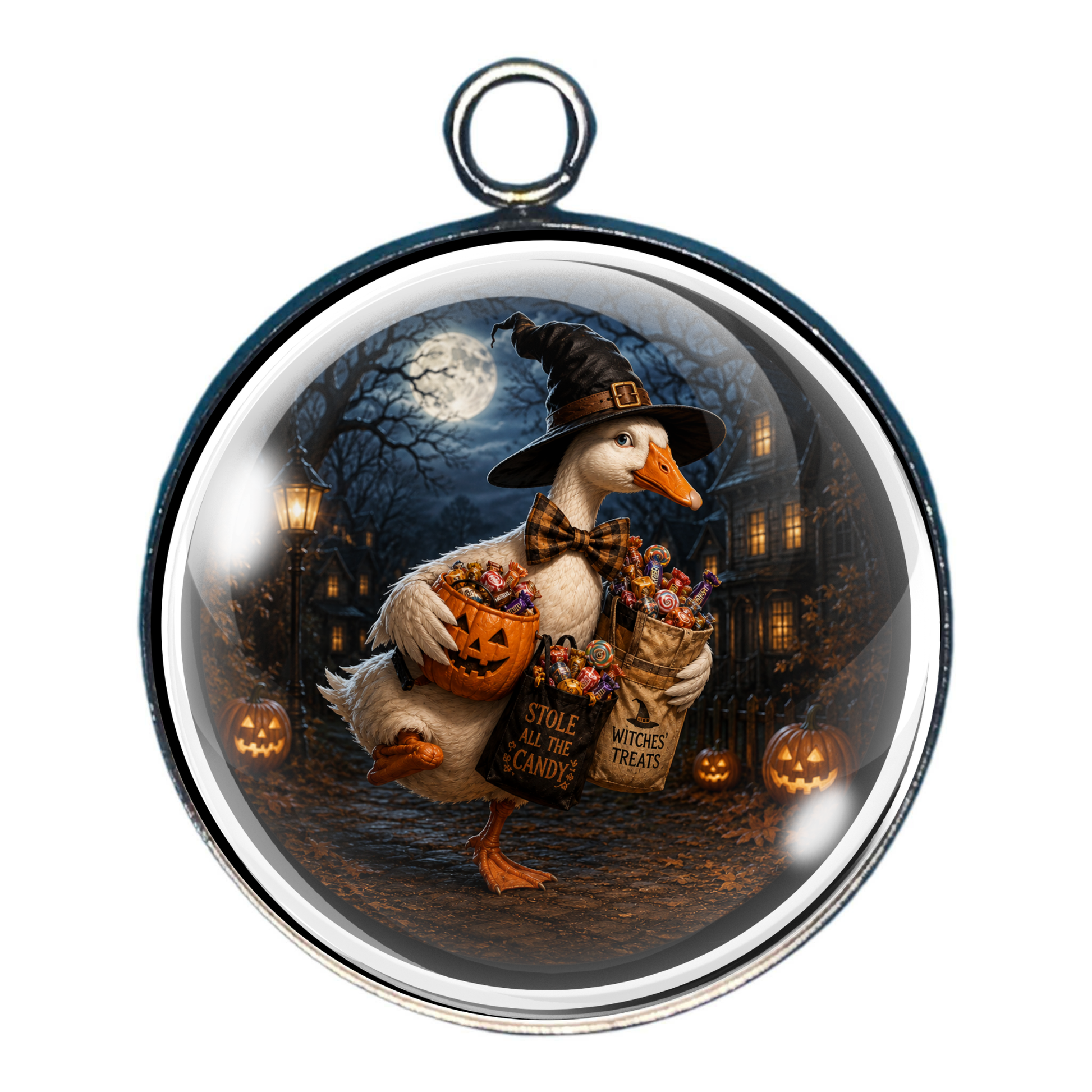 White goose dressed as a witch stealing Halloween candy in a moonlit village.