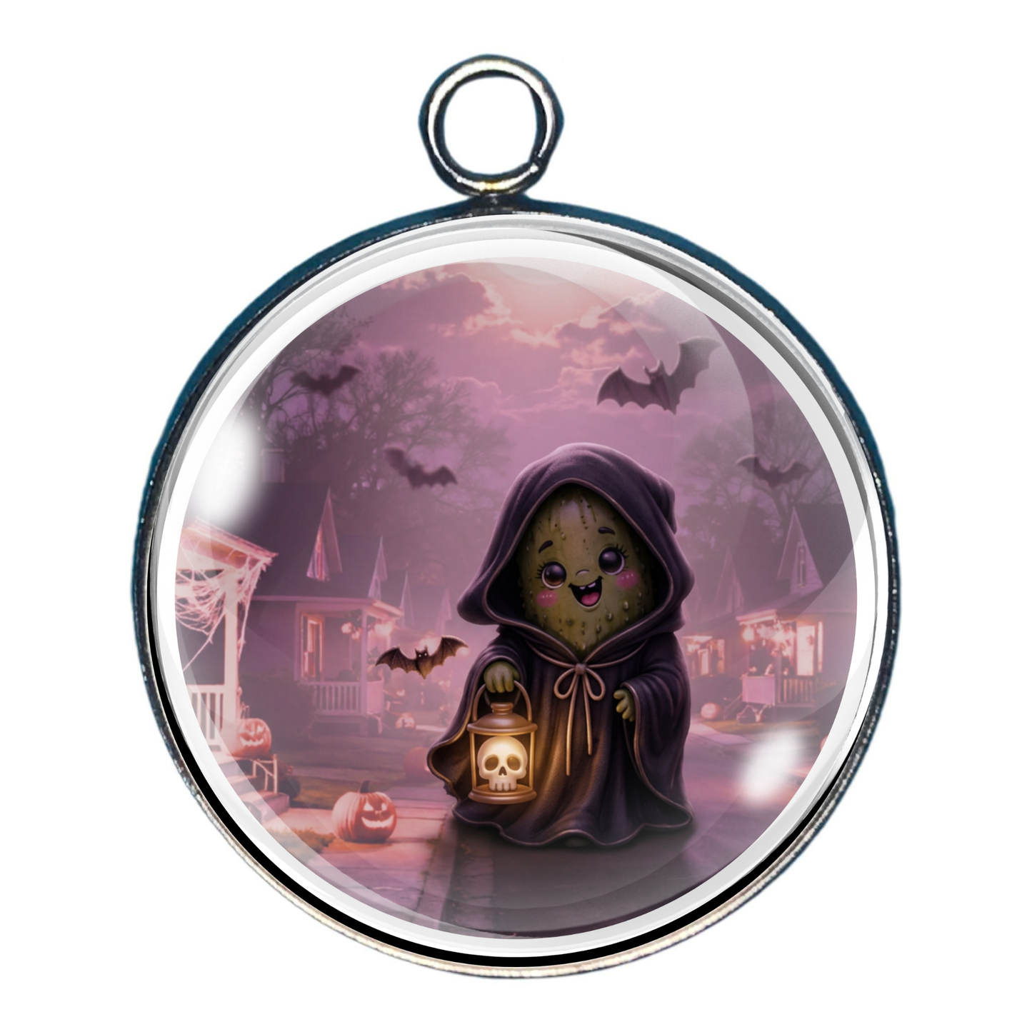 Adorable Grim Reamer pickle holding a glowing lantern in a moonlit neighborhood.