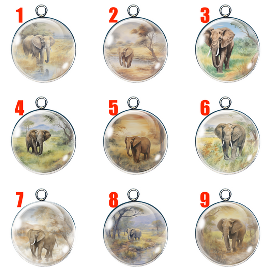 Main Image: Grid of 9 glass elephant charms with watercolor-style safari backgrounds
