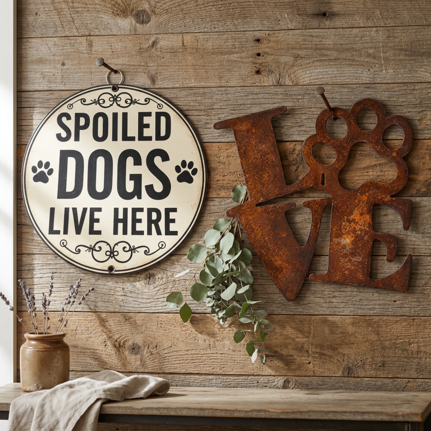 Rustic wall decor set featuring a round cream sign that reads 'SPOILED DOGS LIVE HERE' with black paw prints, and a large rusty brown metal 'LOVE' sign with a dog-shaped heart over the O. The decor is displayed on a weathered wood plank wall above a rustic wooden bench with a linen cloth and a small vase of dried lavender.