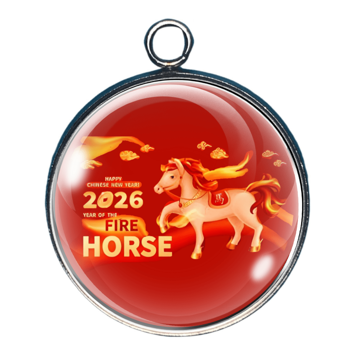 Charm of 2026 Fire Horse with two white horses and lanterns