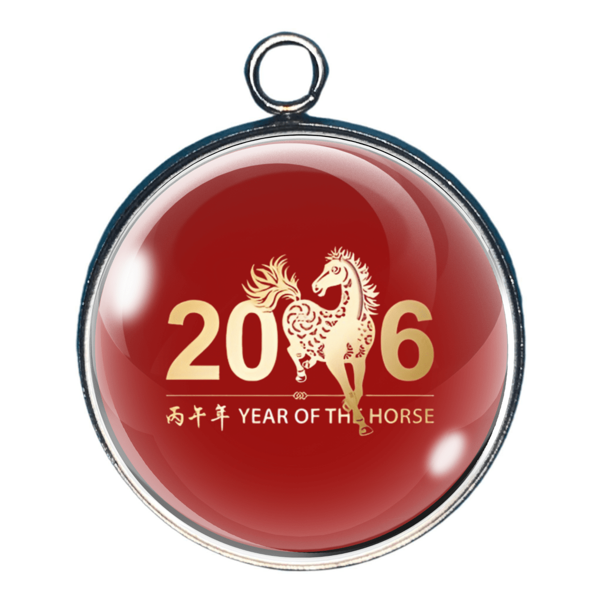 Charm of 2026 Year of the Horse symbol in gold on red background