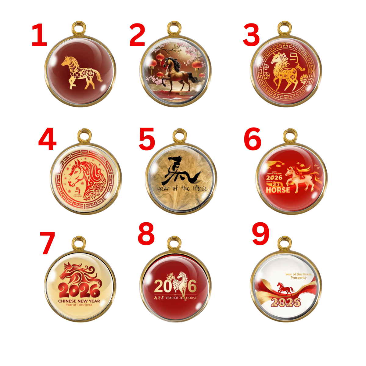2026 Year of the Horse Chinese New Year charm collection with red and gold designs.