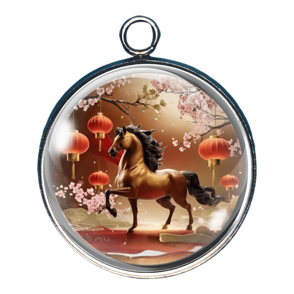 Charm of a Horse running with lanterns in traditional Chinese setting