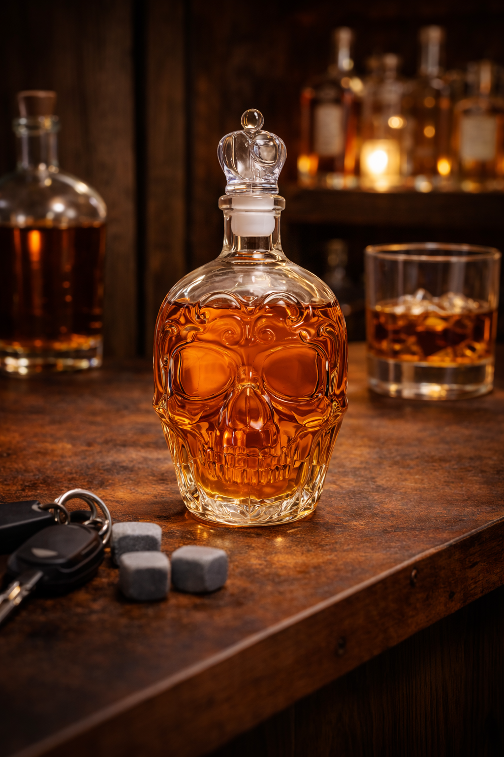 Skull-shaped whiskey decanter with a glass of whiskey on a wooden surface.
