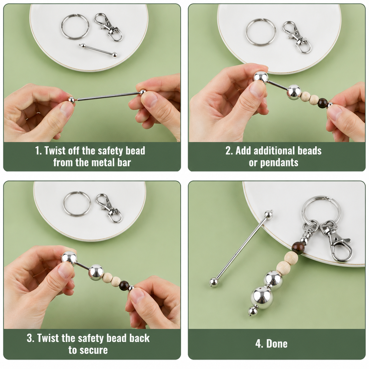 Four-panel instruction graphic showing how to attach and secure a beaded bar keychain. The panels show hands holding a metal bar with silver beads and a clasp, with text reading '1.