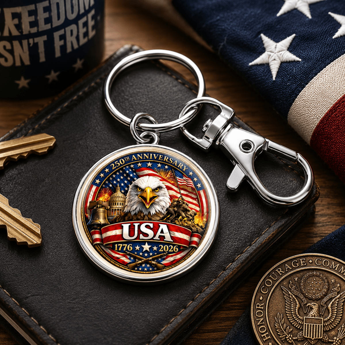 250th Anniversary USA Eagle Keychain | Patriotic American Freedom Key Ring | 1776–2026 Veteran Gift | Bald Eagle Keychain