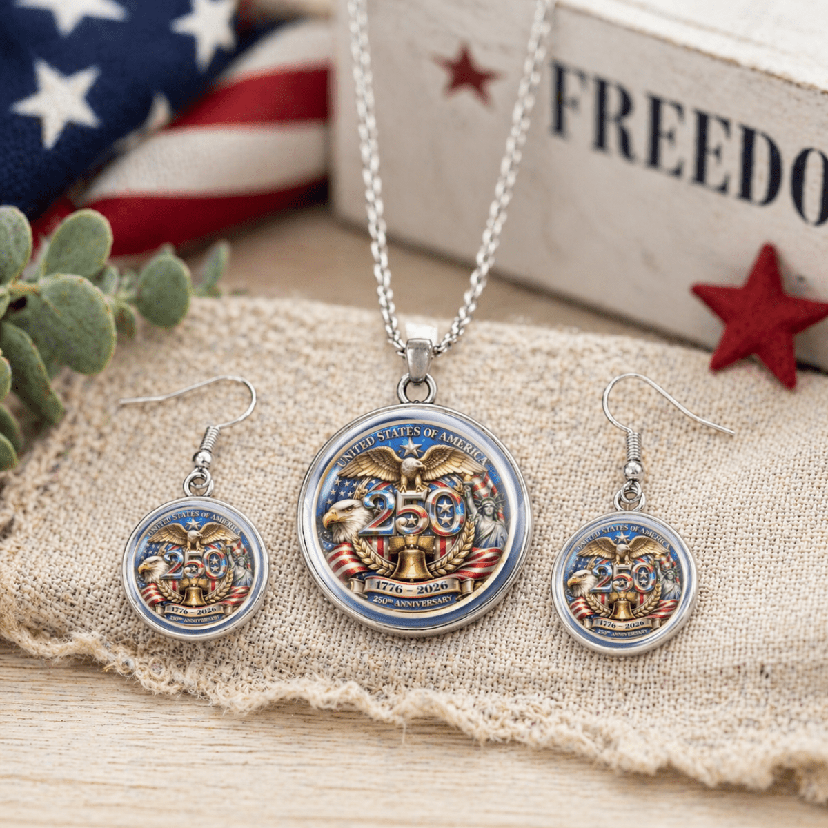 250th Anniversary USA Patriotic Necklace and Earring Set Freedom Jewelry Gift