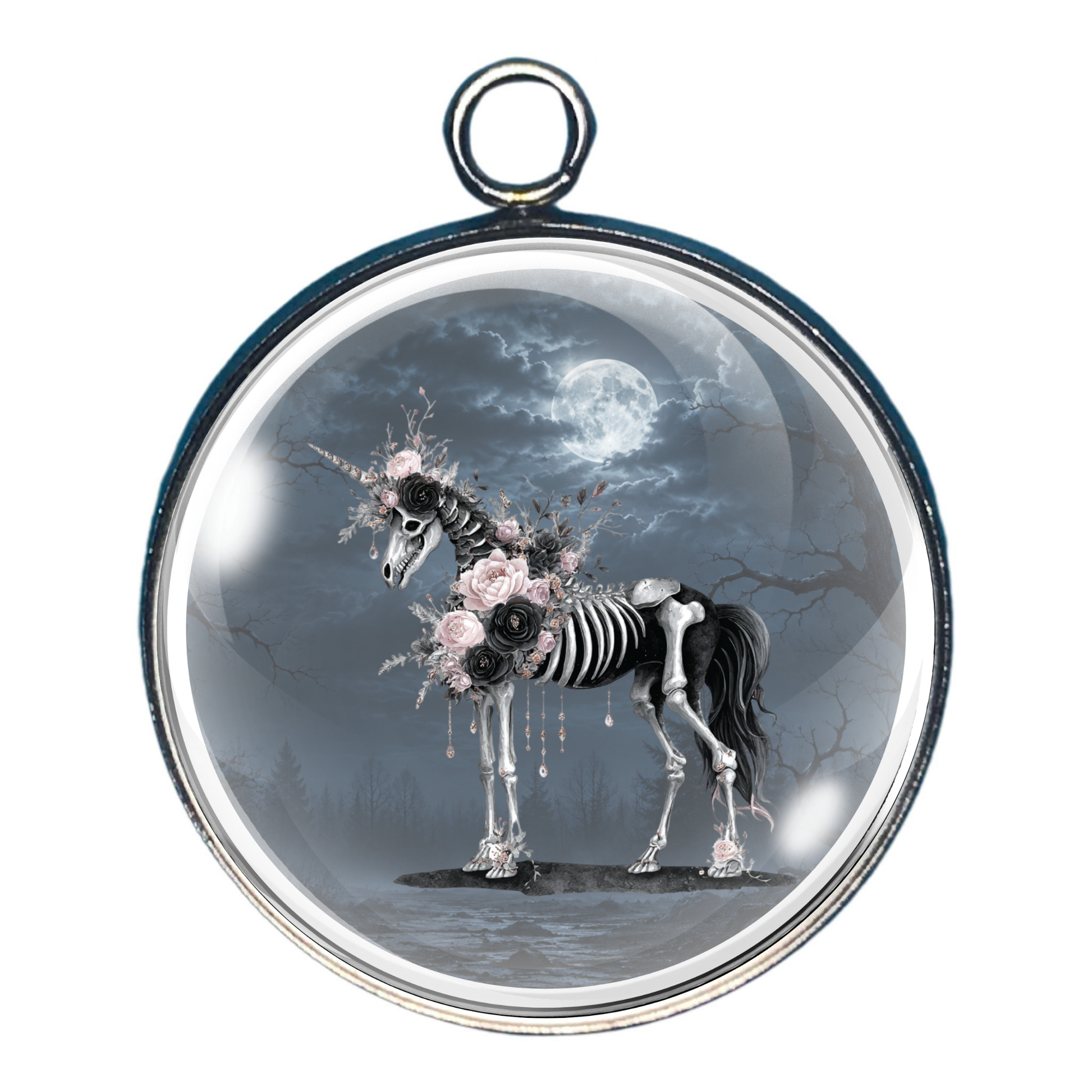 Halloween glass cabochon charm with a skeleton unicorn standing in a haunted moonlit forest.