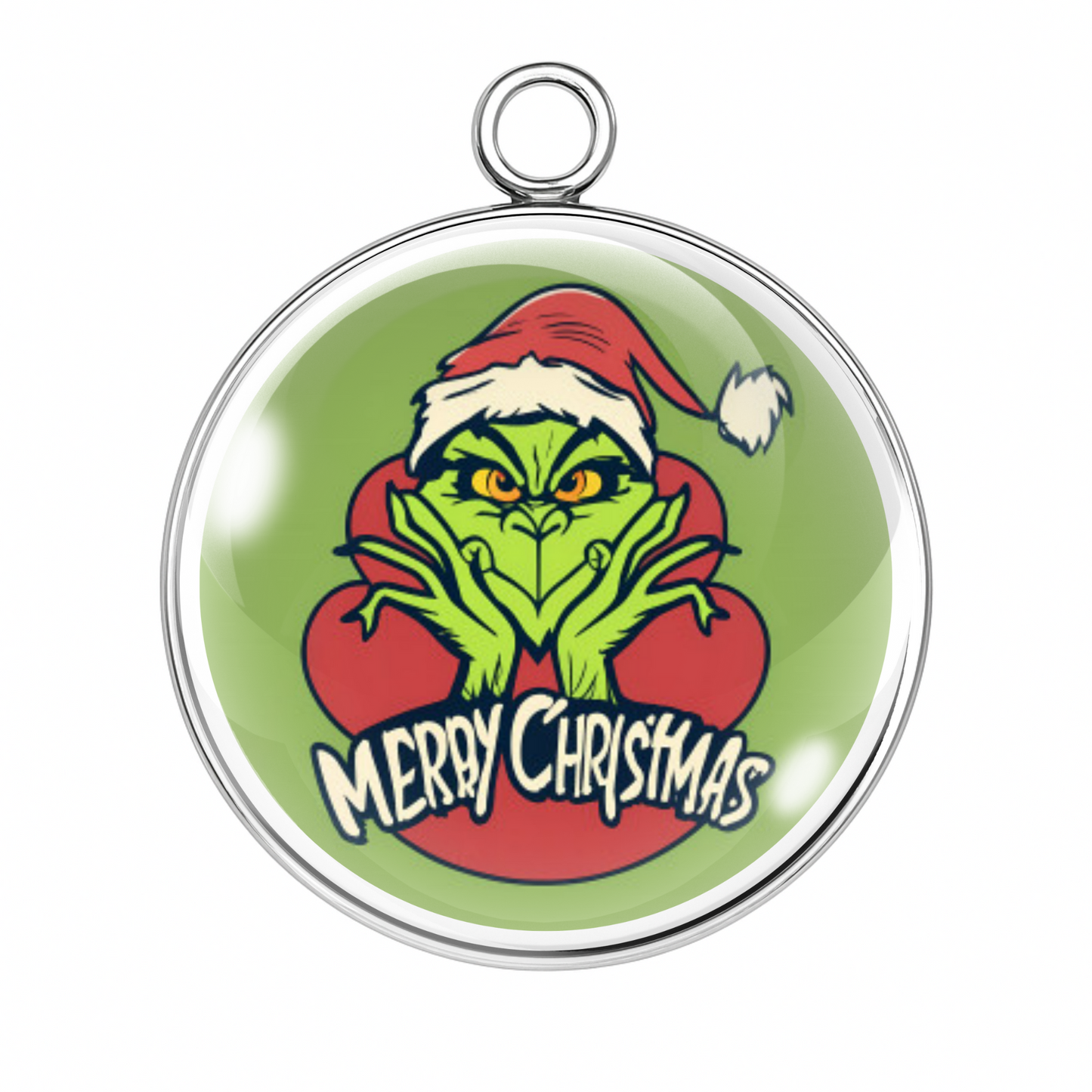 Style 1 – Merry Christmas Grinch
Alt Tag: “Merry Christmas Grinch glass cabochon charm for holiday jewelry and crafts”