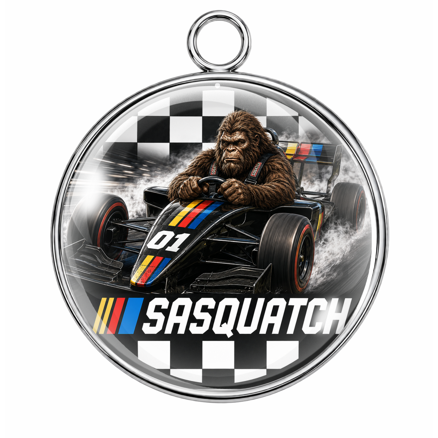 Sasquatch Racing Bigfoot Race Car Glass Cabochon Charm – Silver or Gold – 14mm 18mm 25mm