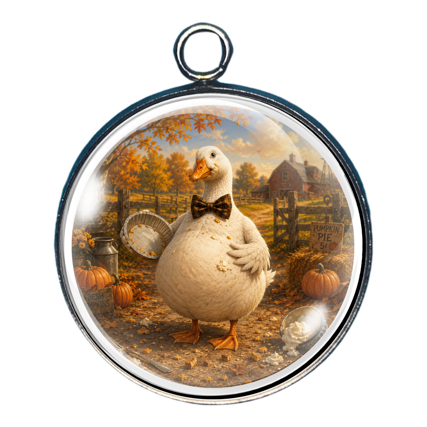 Goose with a full belly after eating an entire pumpkin pie on an autumn day at the farm.