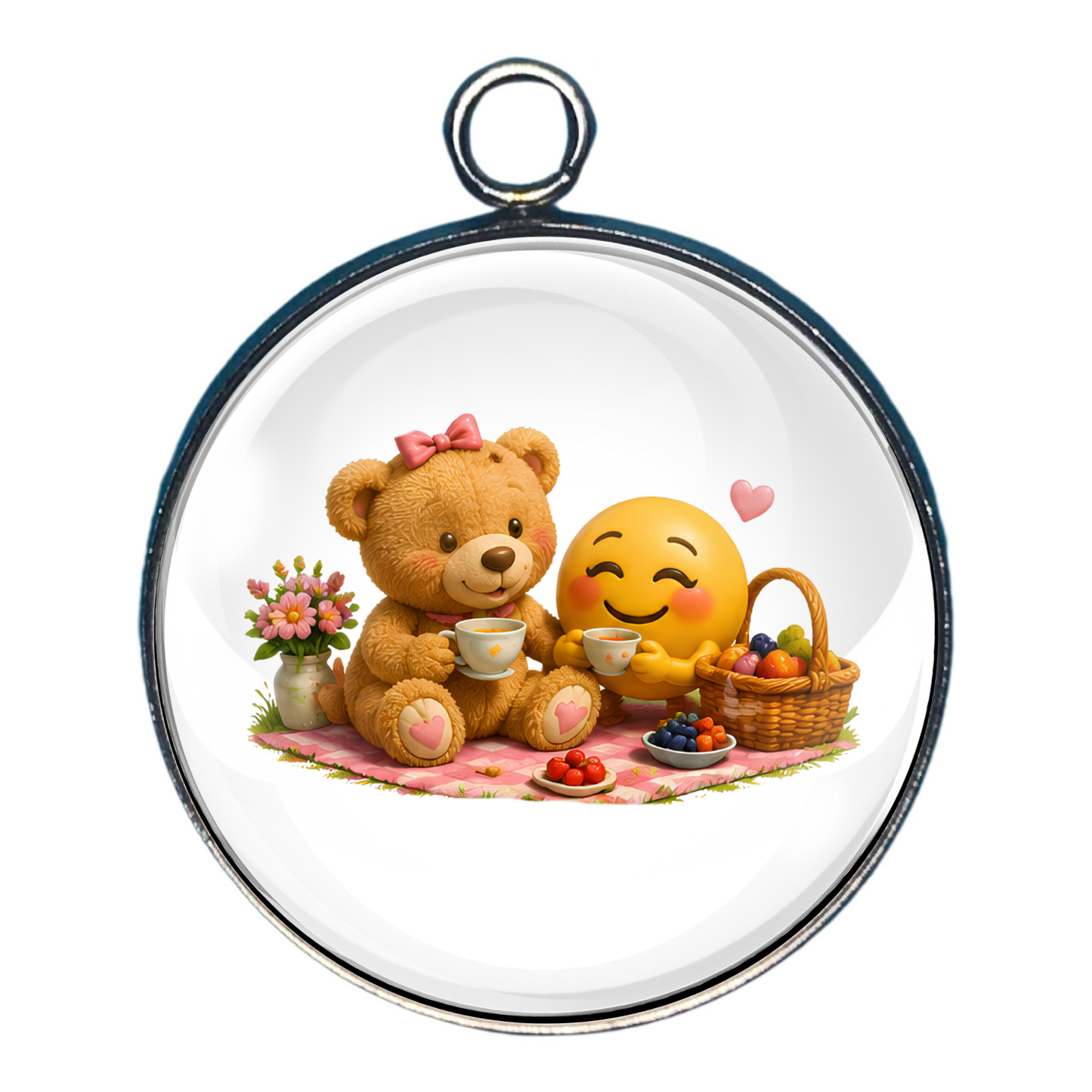Teddy bear sharing tea with a smiling blushing emoji during a peaceful picnic.