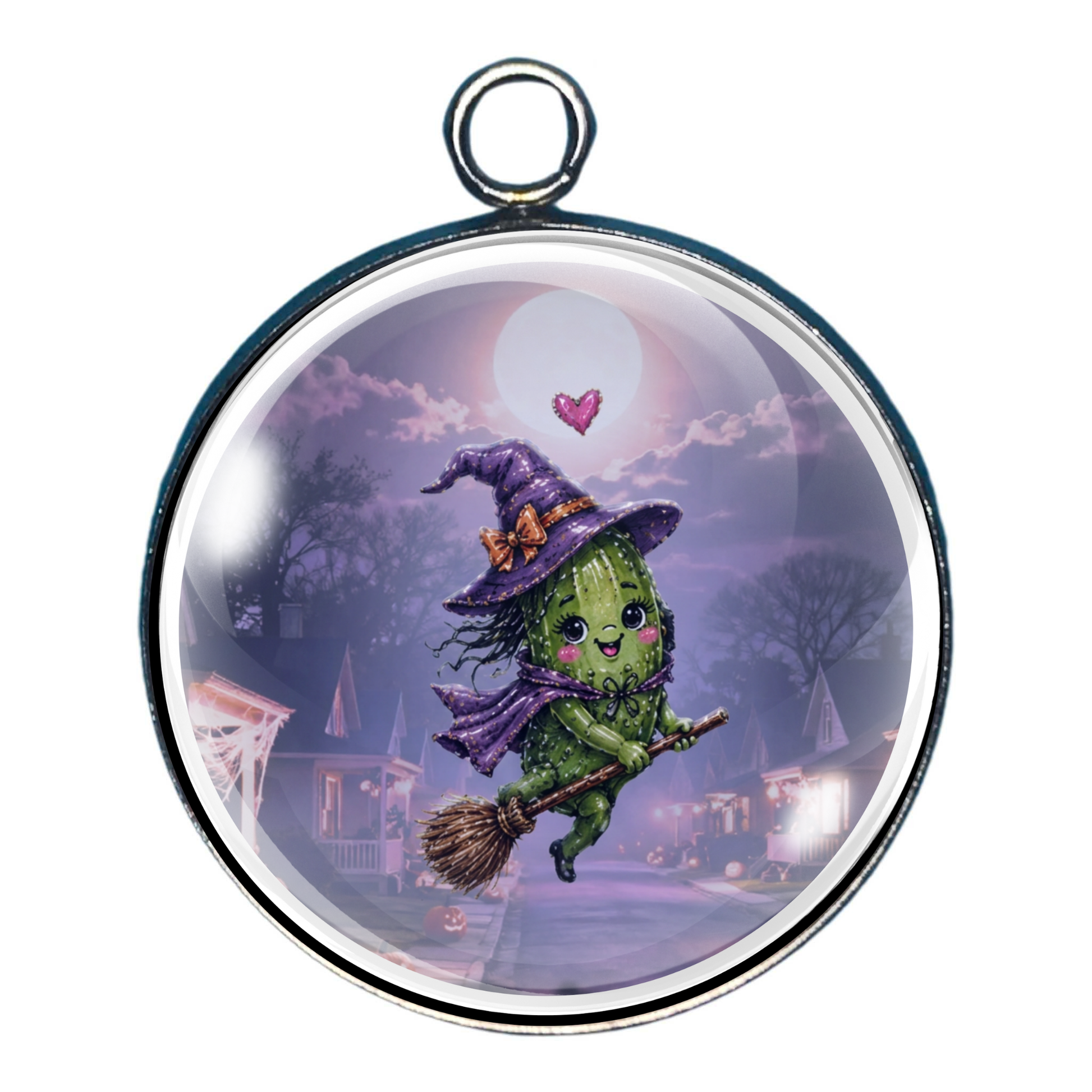 Happy witch pickle flying on a broom beneath the Halloween moon.