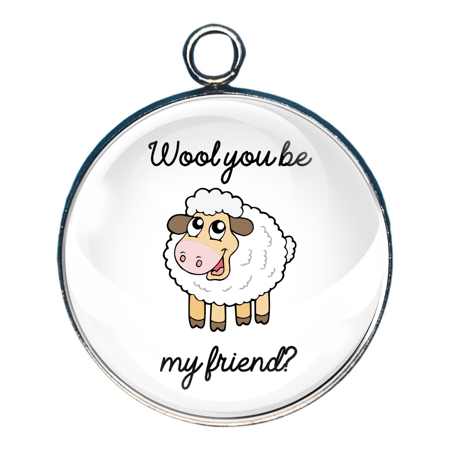 charm depicting a sheep, with the wording 'wool you be my friend?'