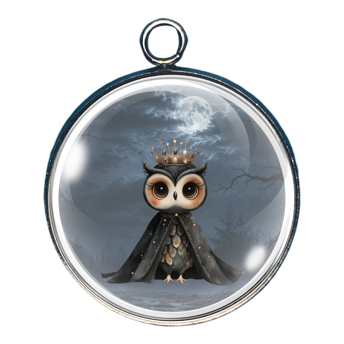 Spooky Halloween glass cabochon charm featuring a crowned owl beneath a glowing full moon.