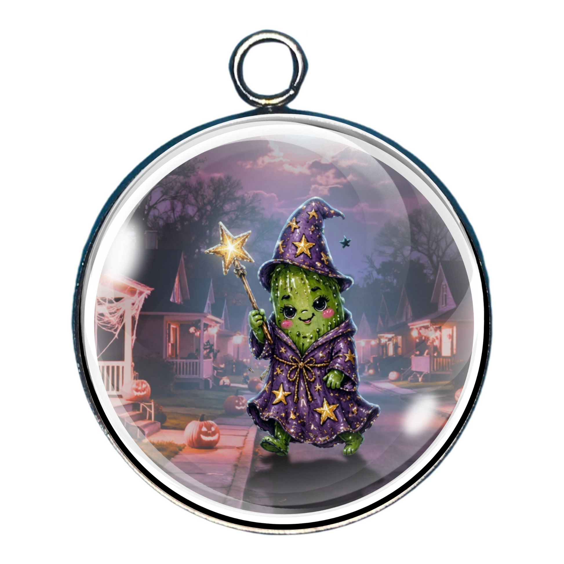 Wizard pickle casting magical spells in a whimsical Halloween village.