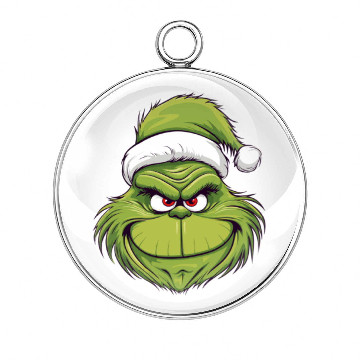 Style 2 – Grinch in Santa Hat Close-Up
Alt Tag: “Grinch face in Santa hat stainless steel glass charm”