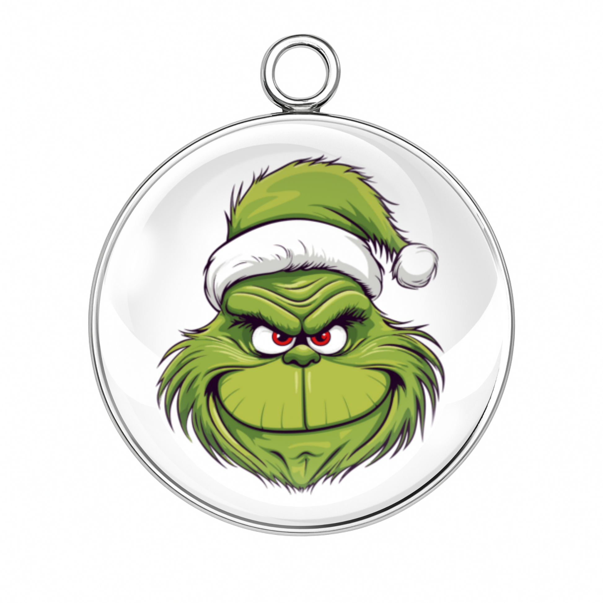 Style 2 – Grinch in Santa Hat Close-Up
Alt Tag: “Grinch face in Santa hat stainless steel glass charm”