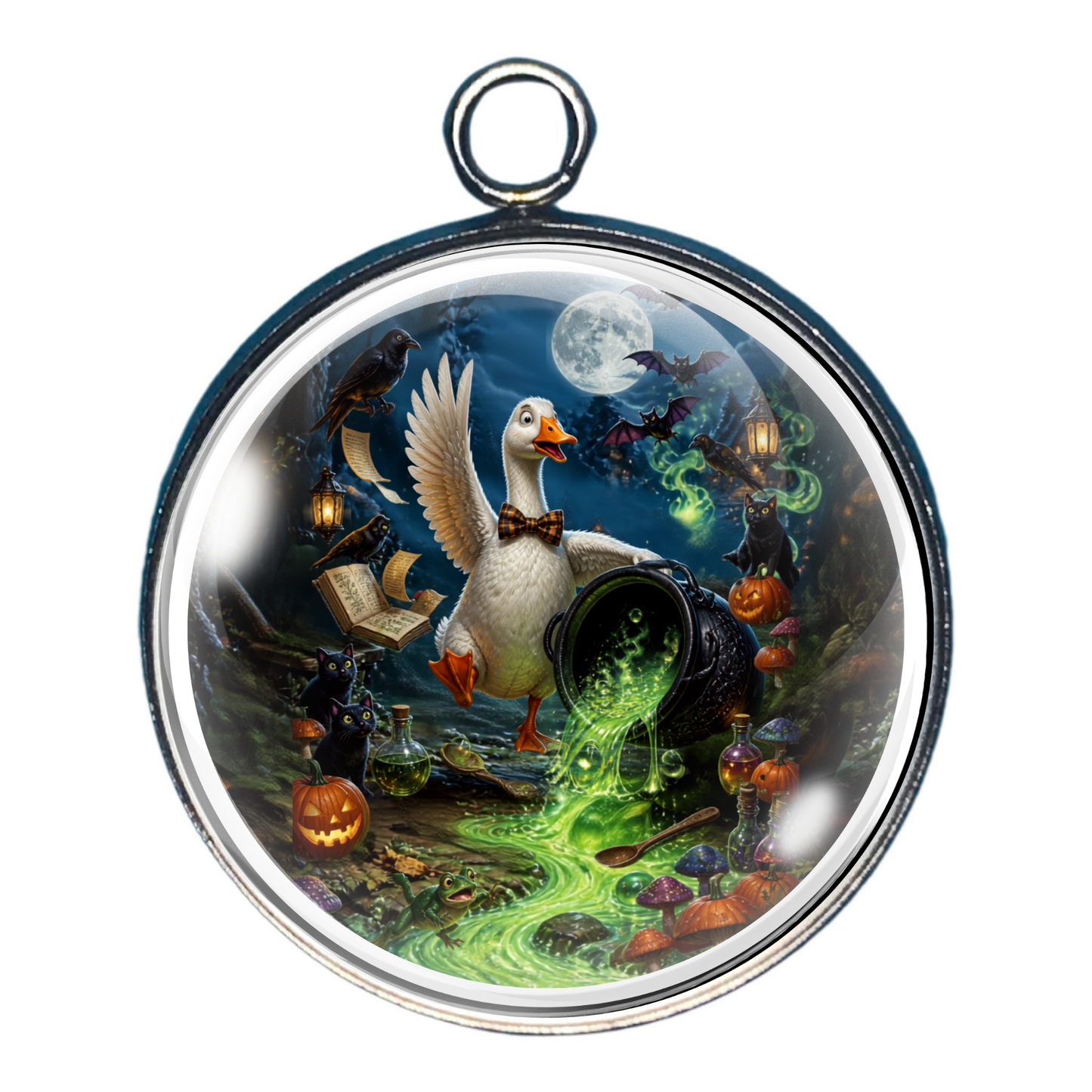 Goose accidentally knocking over a witch's cauldron filled with glowing green potion.
