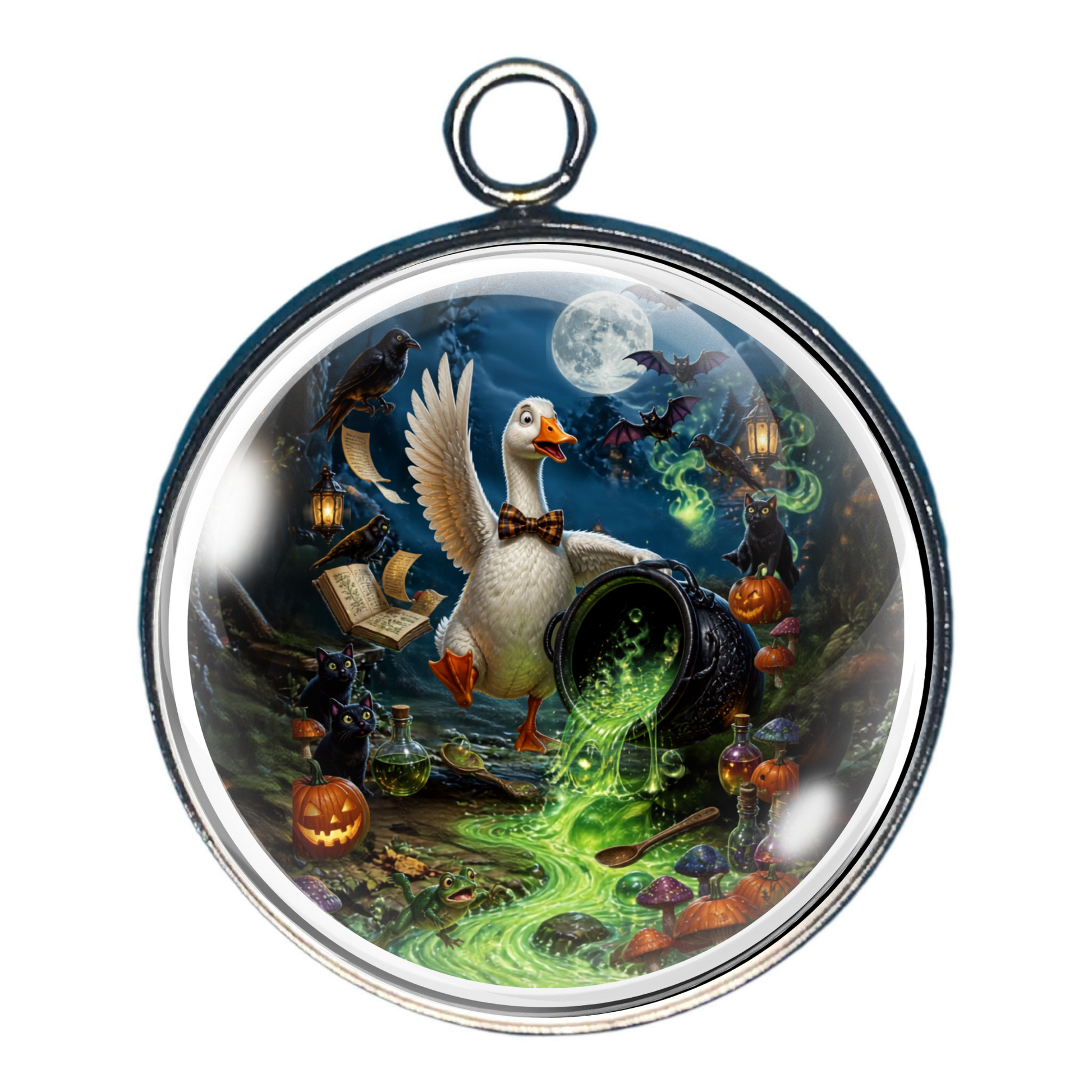 Goose accidentally knocking over a witch's cauldron filled with glowing green potion.