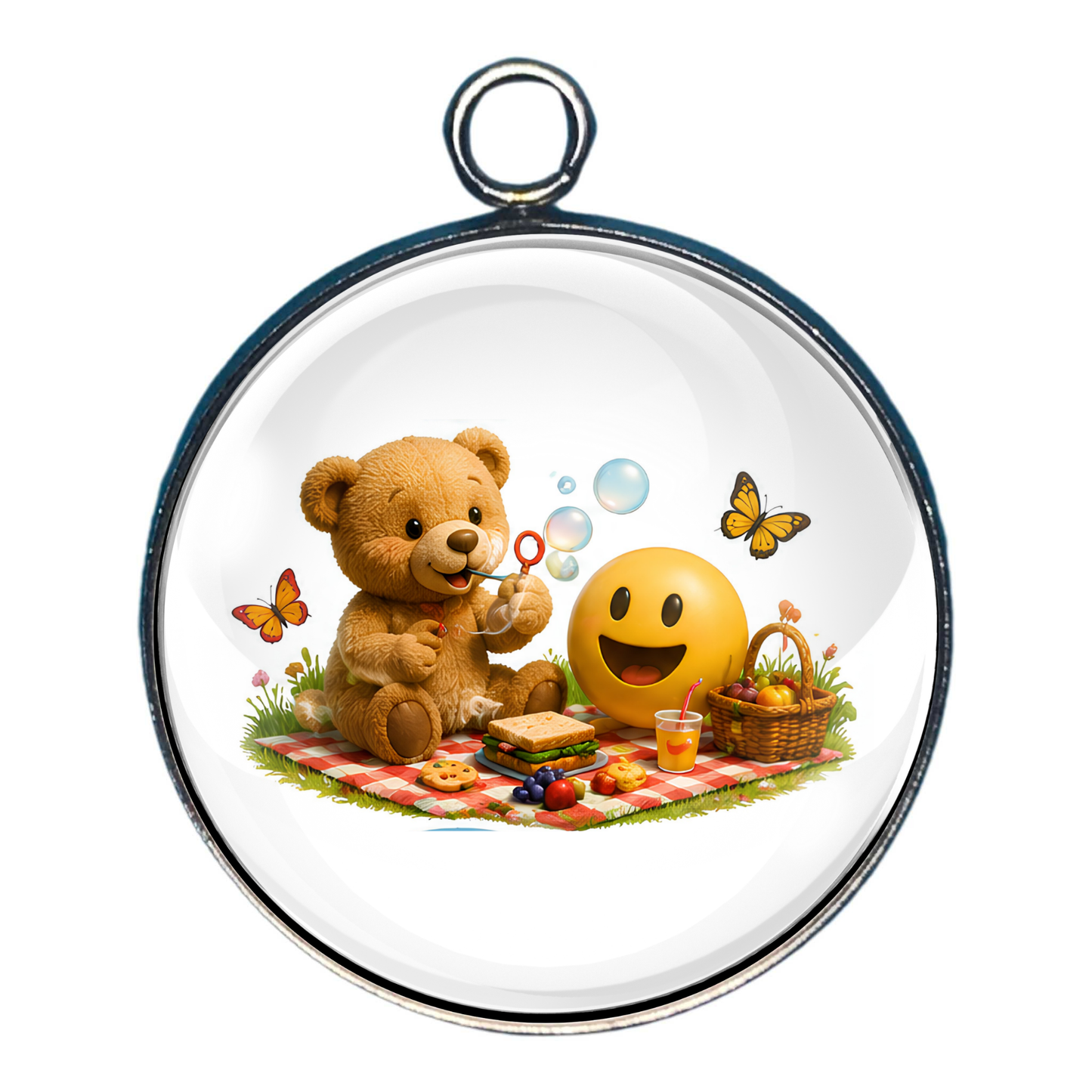 Teddy bear blowing bubbles while picnicking with a cheerful smiley emoji and butterflies.