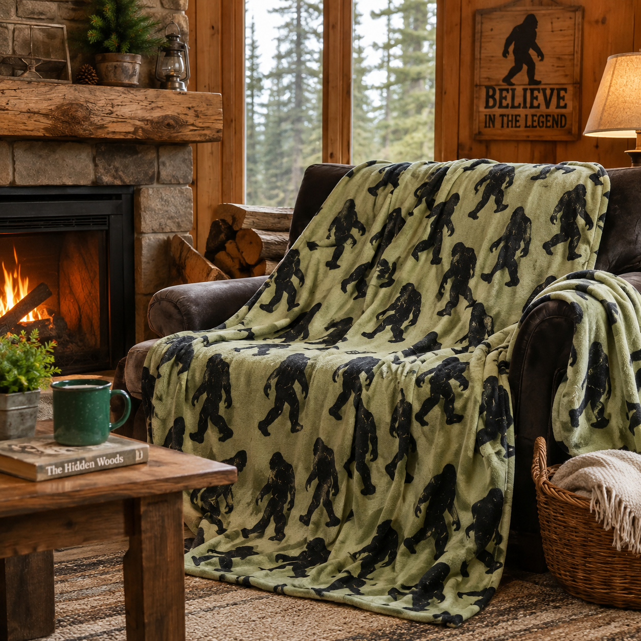 Bigfoot Sasquatch Blanket 60" x 80" – Soft Flannel Cryptid Throw, Cozy Forest Cabin Decor