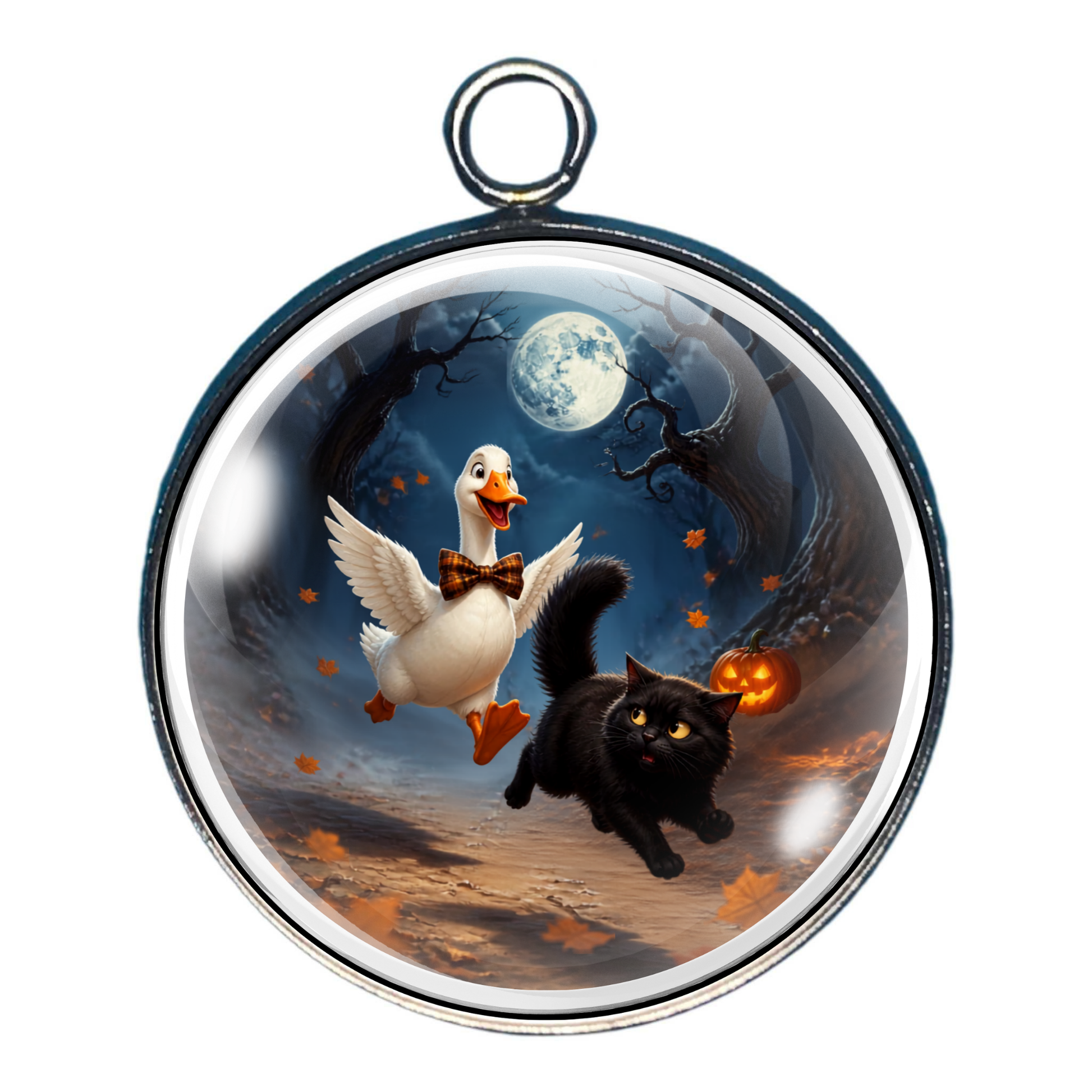 Playful goose happily chasing a fluffy black cat beneath the Halloween moon.