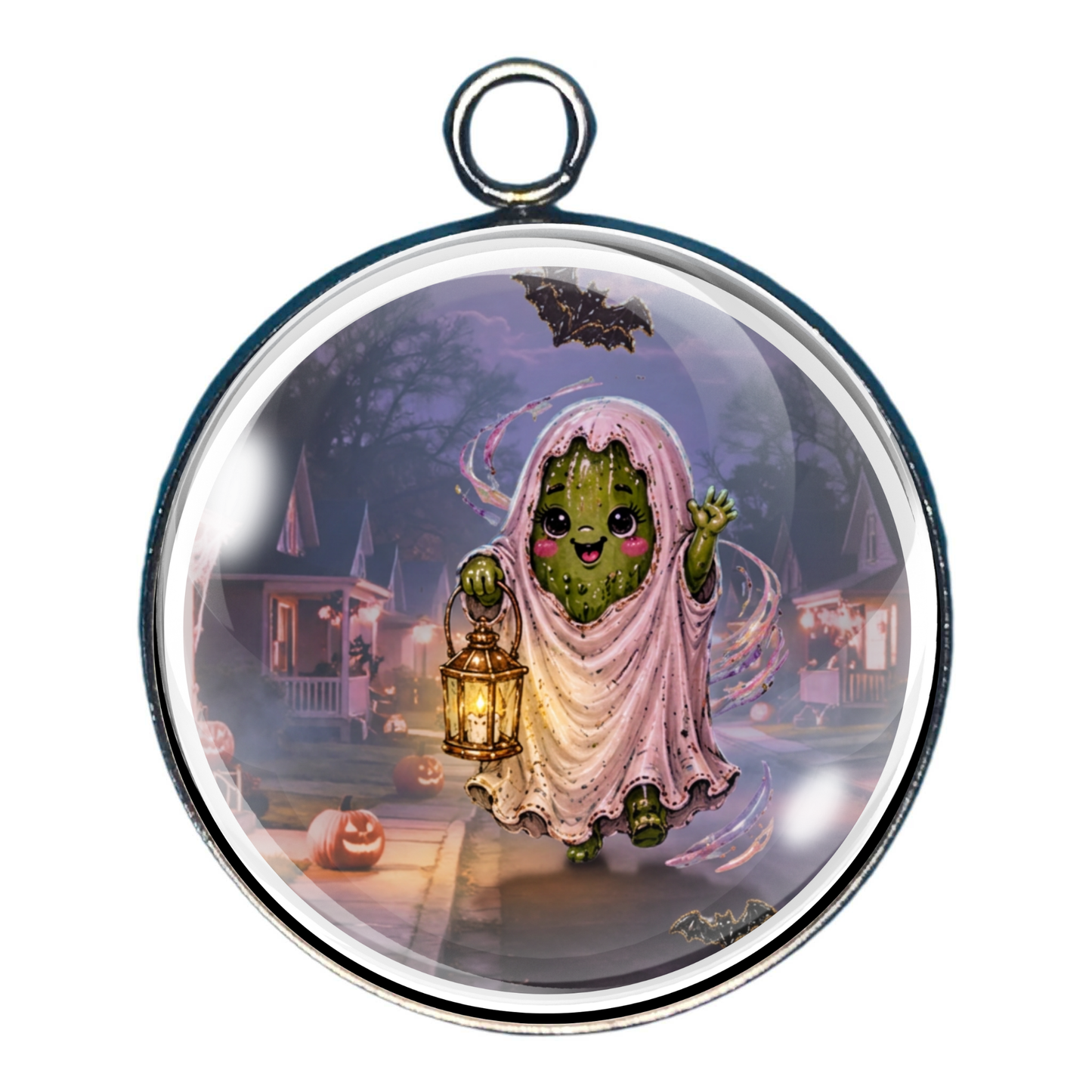 Friendly ghost pickle carrying a lantern on Halloween night.