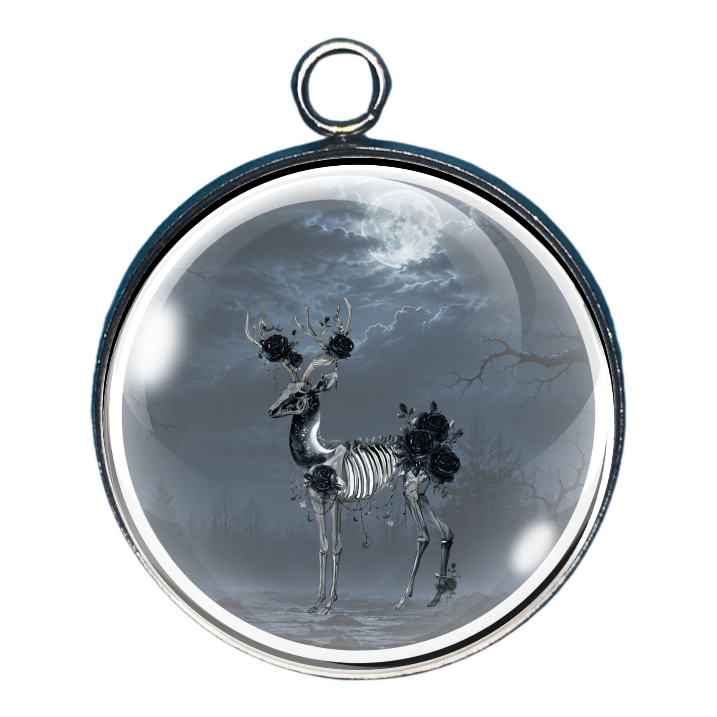 Halloween glass cabochon charm with a skeleton deer in a dark haunted forest under the full moon.