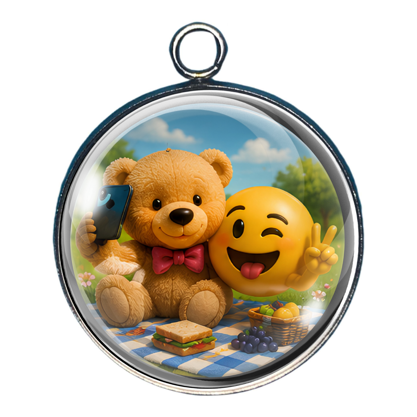 Teddy bear taking a selfie with a playful winking tongue-out emoji.