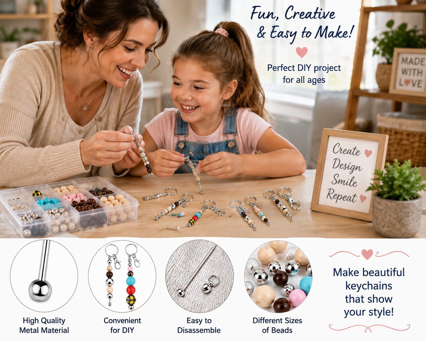 A woman and a young girl are smiling while making beaded keychains at a wooden table, surrounded by craft supplies and beads. The image includes marketing text and four feature callout icons at the bottom highlighting high-quality metal material, convenience for DIY, ease of disassembly, and different bead sizes.
