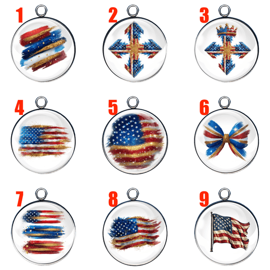 Set of 9 patriotic-themed round glass cabochon charms featuring unique artistic American flag designs, numbered for selection.