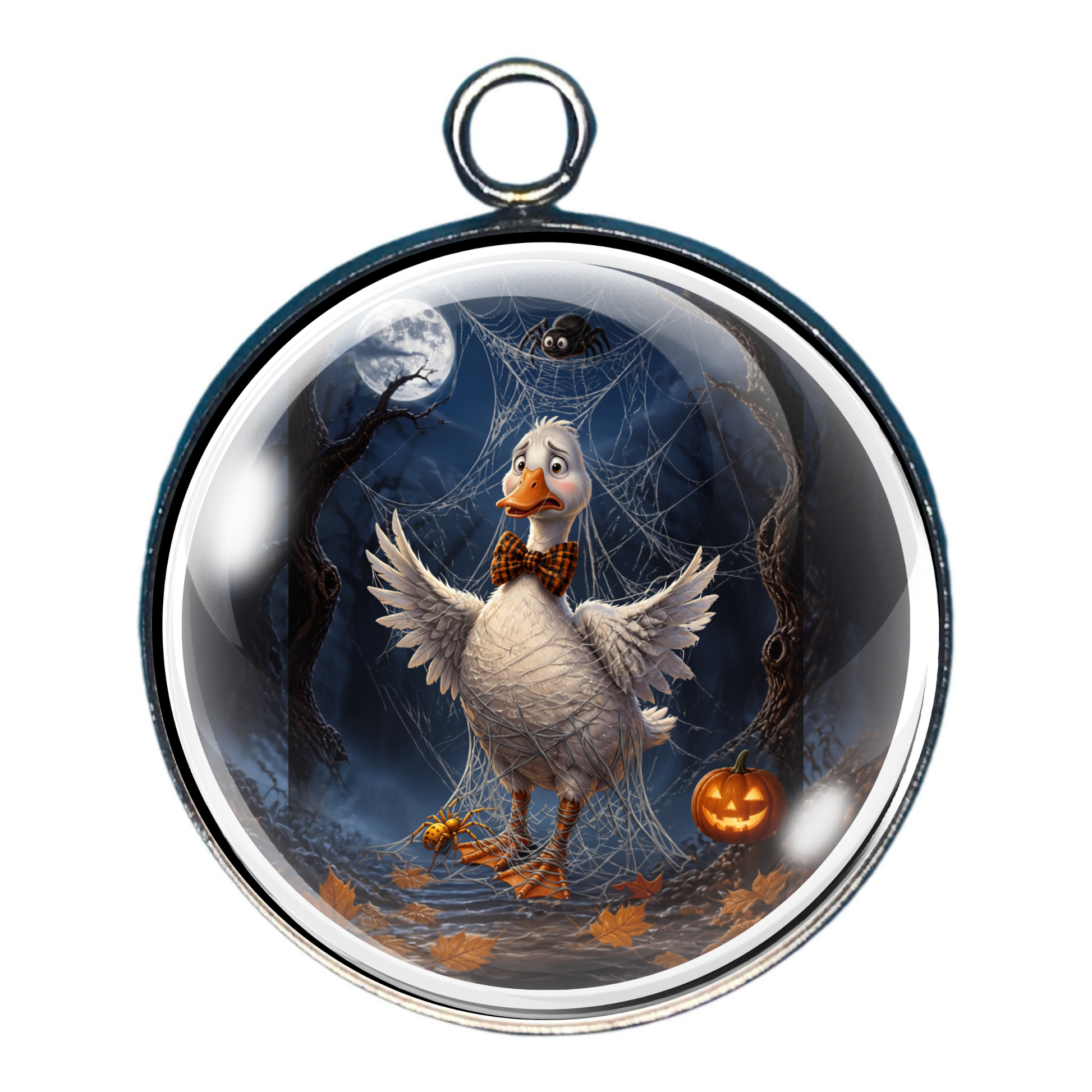 White goose tangled in giant spider webs in a moonlit haunted forest.